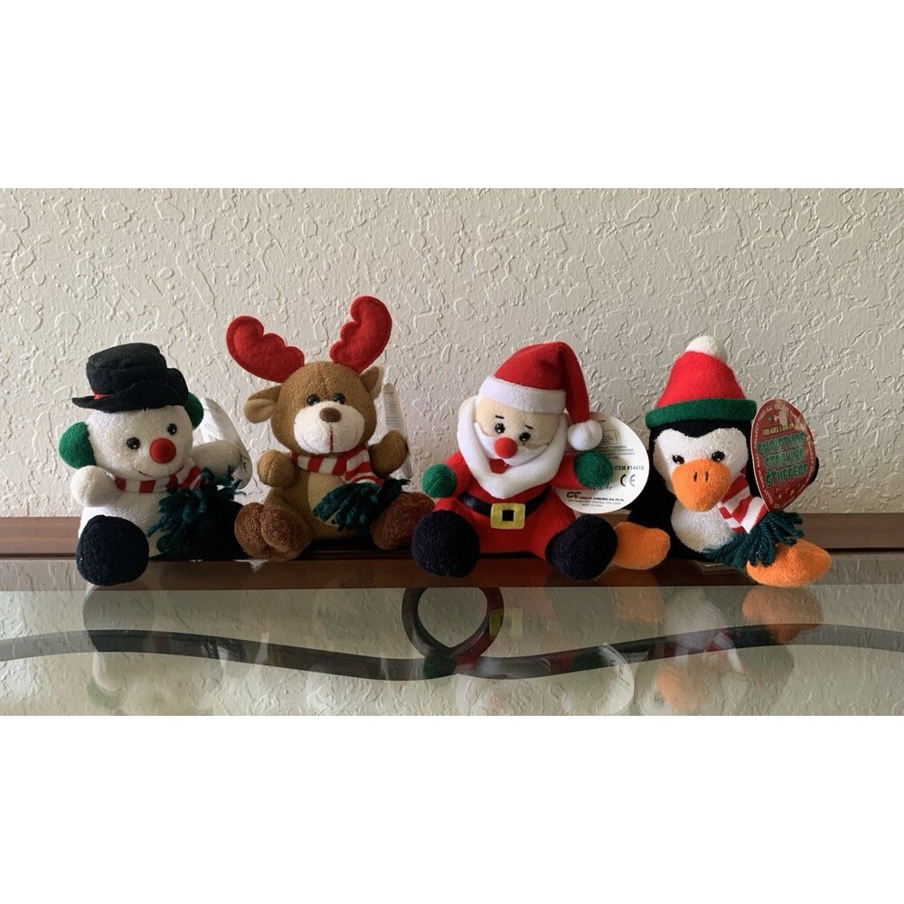 Vtg Christmas Plush Santa Snowman Reindeer Penguin Lot of 4 Stocking Stuffers
